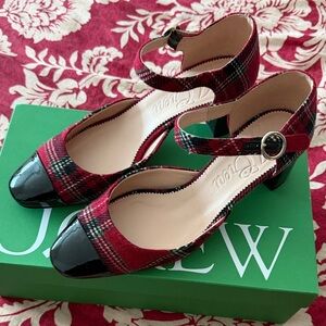 J. Crew Red Plaid Ankle Strap Block Heels